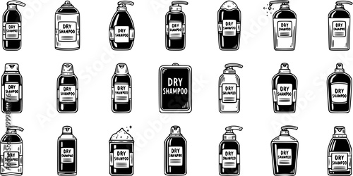 Beauty  Hair Care Industry: Dry Shampoo Bottles Vector Icons Set. Hand-Drawn Black  White Line Art for Personal Cosmetics and Styling Products.