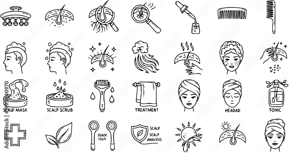 Fototapeta premium Black White Line Art Scalp and Hair Care Icons Set for Dermatology, Beauty, and Wellness Treatment, Health, and Analysis