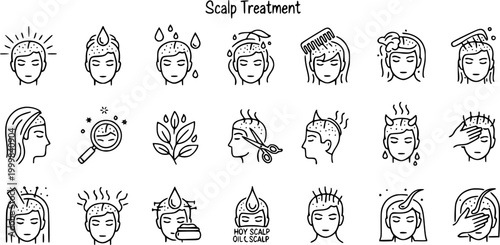 Scalp Treatment Icons: Black and White Line Art for Hair Care, Health, and Beauty Industry