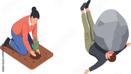 Effort Versus Outcome Illustration Showing Person Planting Tree and Another Crushed by Rock for Hard Work, Growth, Failure, and Life Struggle Concept