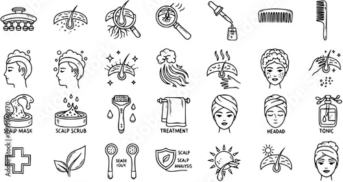 Black  White Line Art Scalp and Hair Care Icons Set for Dermatology, Beauty, and Wellness Treatment, Health, and Analysis