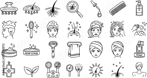 Hair Care Icons - Black and White Line Art for Beauty and Wellness Industry