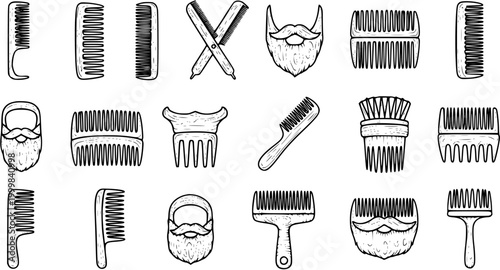 Barber Shop Grooming Tools  Beard Styles Line Art Icon Set. Hand-drawn collection of combs, razors, brushes, and stylized beards for men's hair care.