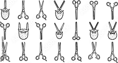 Barbershop Grooming Tools and Beard Styles Vector Line Art Collection. Hand-Drawn Black and White Outline Illustrations of Scissors, Beards, and Moustaches.