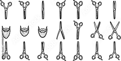 Barber Shop and Male Grooming Hand-Drawn Icons: Scissors, Shears, and Beards in Black and White Line Art Sketch Style.