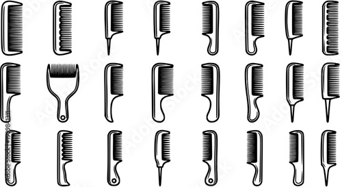 Black and White Line Art Collection of Various Hair Combs and Styling Tools
