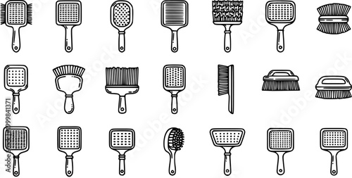Black and White Line Art Collection of Various Brushes and Combs for Grooming and Cleaning