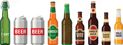 Beer Bottle and Can Collection Illustration Featuring Different Styles of Light, Amber, Dark, and Pale Beverages for Brewery, Bar, and Alcohol Drink Concept