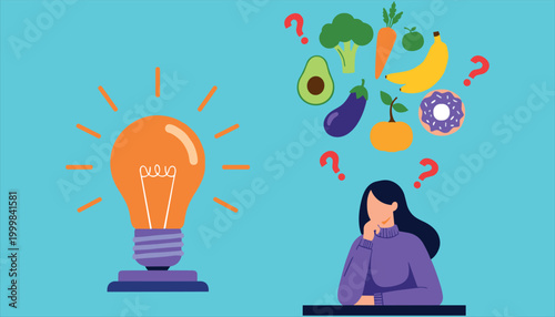 Creative Thinking and Healthy Food Choices Illustration with Light Bulb, Question Marks, and Various Fruits and VegetablesCreative Thinking and Healthy Food Choices Illustration with Light Bulb, Quest