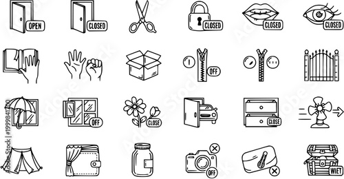 Hand-drawn Line Art Icons of Objects: Doors, Scissors, Lock, Lips, Eye, Zipper, Gate, Car, Fan, Tent, Wallet, Jar, Camera, Luggage
