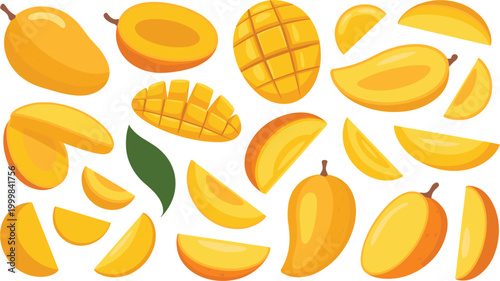 Mango fruit collection, sliced whole pieces juicy tropical food flat vector illustration setMango fruit collection, sliced whole pieces juicy tropical food flat vector illustration set