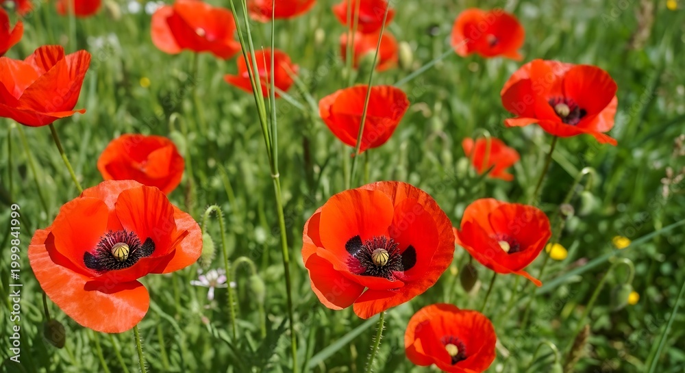 Fototapeta premium Vibrant red poppies blooming in a lush green field under sunlight