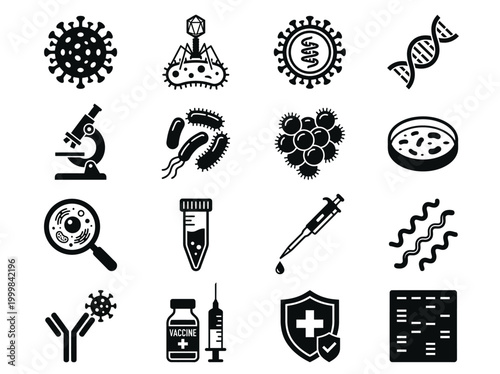 Microbiology and Virology Icon Set featuring Viruses, Bacteria, DNA Helix, Vaccine, and Lab Equipment for Science and Healthcare Research