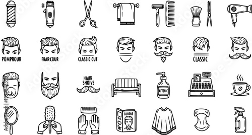 Barber Shop and Hair Salon Line Art Icons Set. Black and White Outline Grooming Tools, Hairstyles, and Equipment Vector Glyphs Collection.
