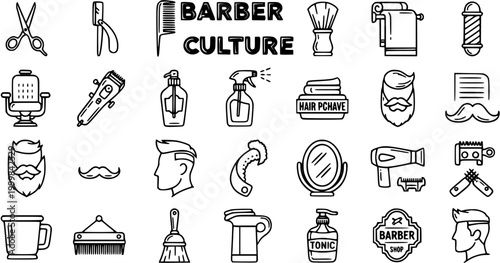 Barber Culture Line Art Icons Set - Essential Barbershop Tools and Equipment in Black and White Outline Style