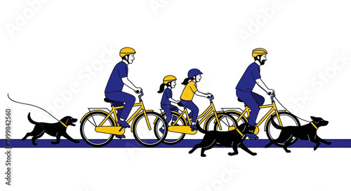 Family cycling with dogs on a path, active lifestyle, healthy fun outdoors