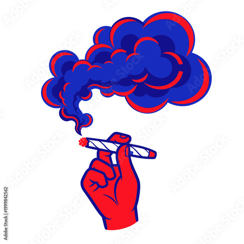 Hand Holding Marijuana Joint with Blue and Red Smoke