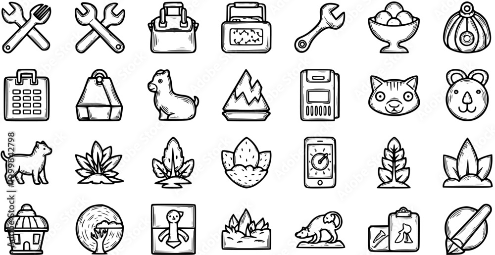 Fototapeta premium Black and White Line Art Icons of Tools, Animals, Food, Nature, and Technology Objects for Stock Asset