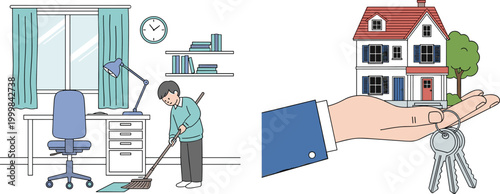 Home Cleaning and Real Estate Ownership Illustration Showing Person Cleaning Room and Hand Holding House Keys for Property, Rent, and Housing Concept