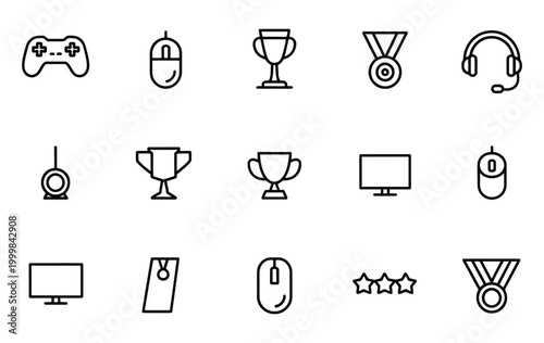 Gaming icons in trendy line style, modern outline vector set featuring controllers, consoles, headsets, and screens