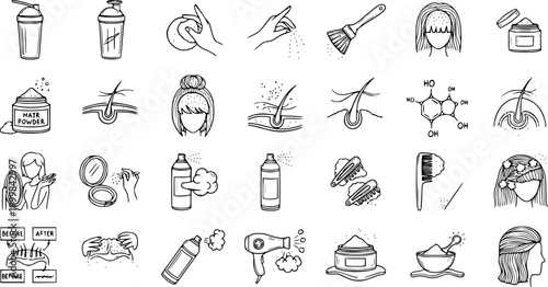 Hand Drawn Hair Care Icons Set. Line Art Doodles for Hair Loss, Growth, Treatment, and Styling Products in Beauty and Personal Care Industry