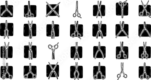 Barber Shop, Hairdressing, Craft  Tailoring Scissors and Shears Black  White Hand-Drawn Line Art Glyph Icons Set. Professional Cutting Tools.