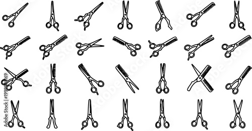 Hairdressing and Barber Shop Tools Line Art Pattern: Collection of Black and White Scissors and Combs Icons for Beauty Salon Industry Design Elements