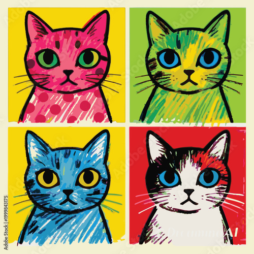 A vector illustration of four cute cats in colorful portrait style, featuring varied expressions and bold colors, capturing playful energy and a joyful artistic composition.