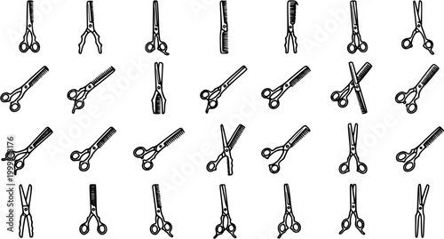 Barber and Hairdressing Tools Line Art Icons Set: Black and White Sketch of Professional Scissors and Combs for Salon and Beauty Industry Designs