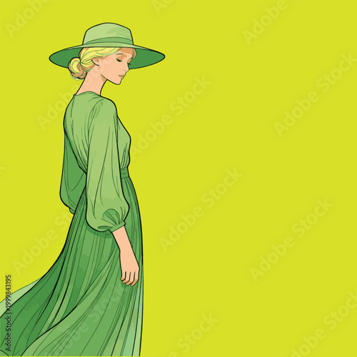 A vector illustration of a beautiful woman dressed in green with a round hat, expressing fashion, elegance, and a refined modern style with a graceful and trendy appearance.