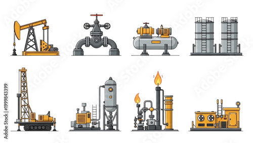 Oil and gas industry equipment set illustration