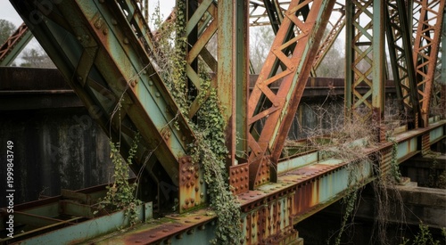 Abandoned rusty bridge with green plants growing through metal structure outdoors