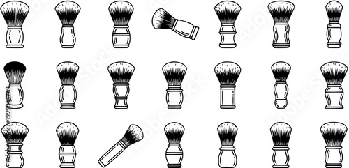 Barbershop Grooming Accessories Black  White Line Art Icons Set - Collection of Vintage Shaving Brushes for Men's Personal Care and Hygiene