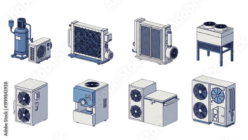 Collection of Isometric Air Conditioning and Cooling System Equipment