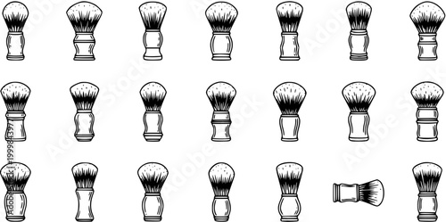 Black and White Line Art Set of Various Shaving Brushes, Grooming Tools, Barber Accessories