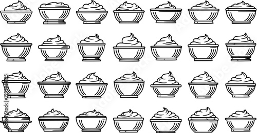 Black and White Line Art Icons of Various Desserts in Bowls for Food Industry