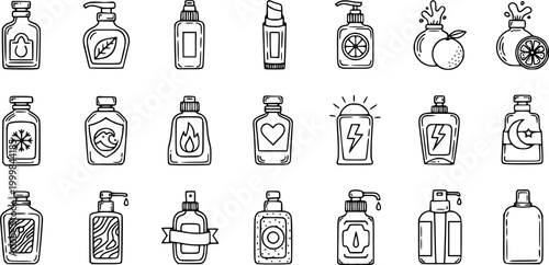 Hand-drawn Black and White Line Art Icons of Skincare and Cosmetic Bottles