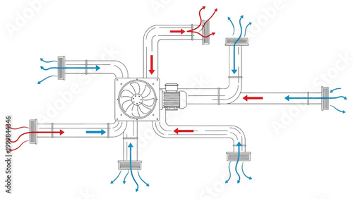 Detailed diagram of an HVAC system showing air flow and ventilation mechanisms