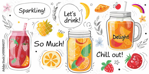 summer drinks illustration with colorful mason jars and fruits