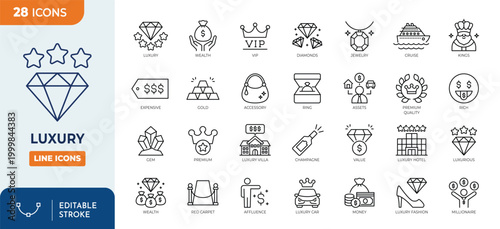 Luxury icon set. Contain icons related to Luxury, diamond, rich, gem,  jewelry, gold, assets, expensive, VIP, wealth, and more. Editable stroke. Vector illustration