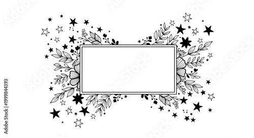 Hand drawn rectangular frame with floral and star elements.