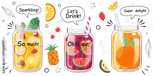 illustration of colorful summer drinks in jars