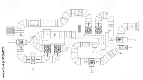 HVAC System Diagram Detailed Illustration of Air Ducting and Ventilation Components