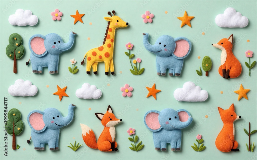 Fototapeta premium Cute felt animals and flowers on a soft green background with clouds.