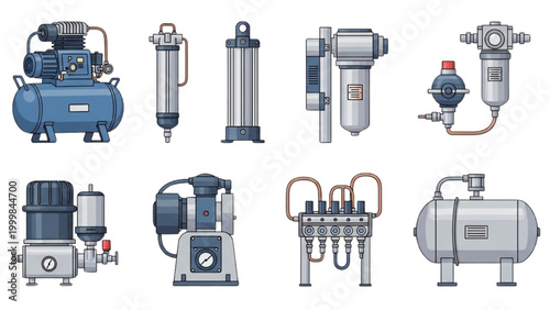 Comprehensive collection of industrial machinery icons pumps, compressors, and filters for technical diagrams