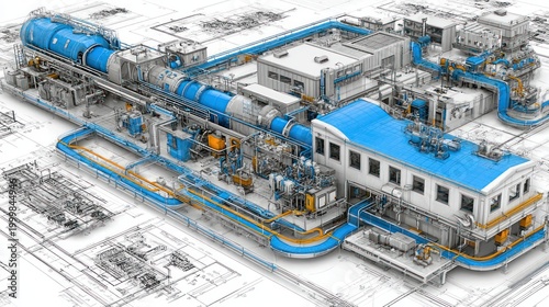 Industrial factory complex with blueprint background and advanced machinery