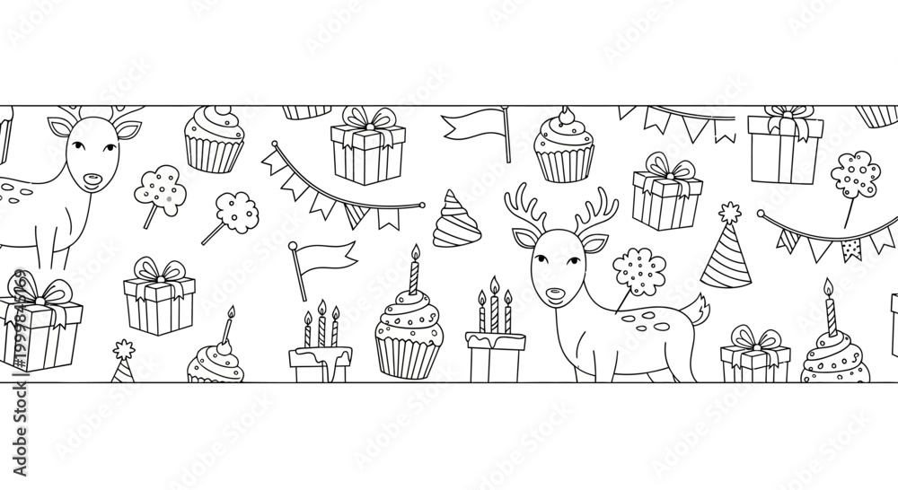 Fototapeta premium Doodle illustration of a birthday celebration with animals and party elements.