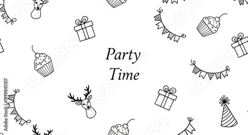 Hand drawn party time doodles pattern with gift boxes and cupcakes.