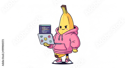 Cute Banana Developer Wearing a Pink Hoodie Holding a Laptop with Code and Stickers on a White Background