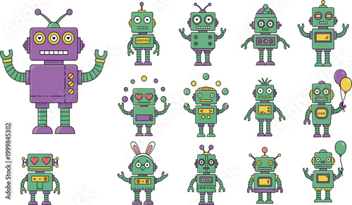 Cute Cartoon Robot Characters Collection Featuring Retro Futuristic Bots with Emotions Antennas Hearts and Balloons in Colorful Vector Illustration Set.